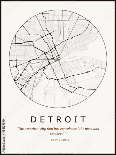 Detroit city map poster design. Street map art of Detroit United States. Black and white minimalist road network with downtown district for wall art home decor printable urban cartography. monochrome