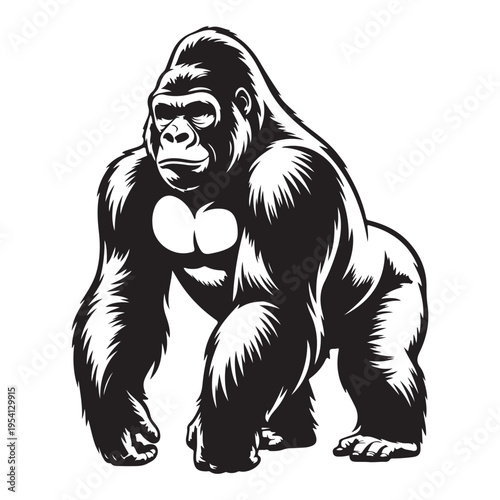 A muscular gorilla depicted in a striking black and white design a powerful silhouette