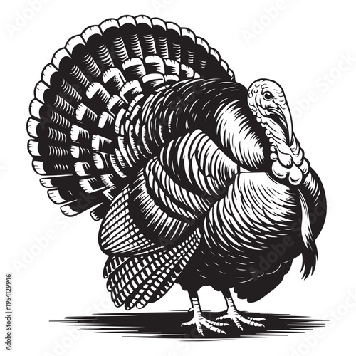 A detailed engraving of a proud wild turkey displaying its plumage a striking silhouette