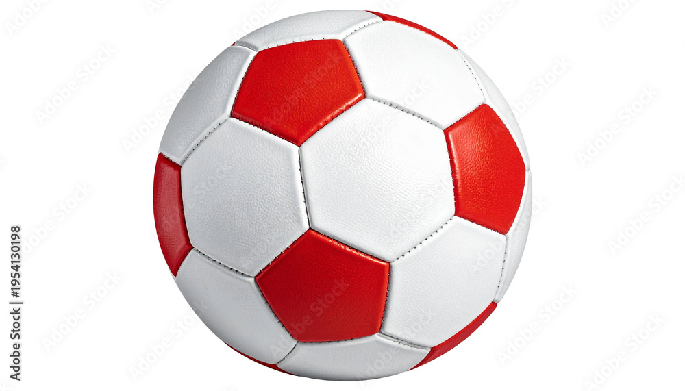 Fototapeta premium Rot-weißer Fußball als klassisches Sportobjekt, freigestellt vor schlichtem Hintergrund.