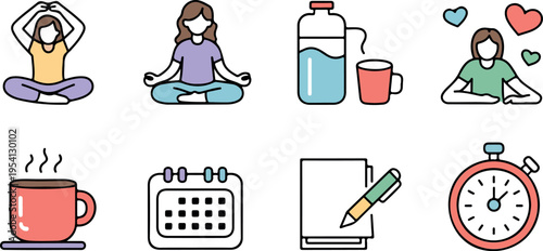 Healthy lifestyle icons representing wellness habits like meditation hydration planning and time management