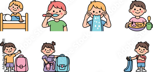 Little boy morning routine and school activities set. kid waking up, brushing teeth, washing face, eating, packing backpack, waving hand, and getting dressed