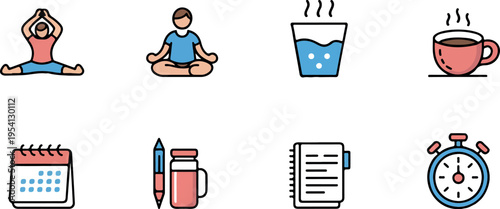 Minimalist self care and healthy habits icon pack with stretching meditation water coffee and scheduling symbols
