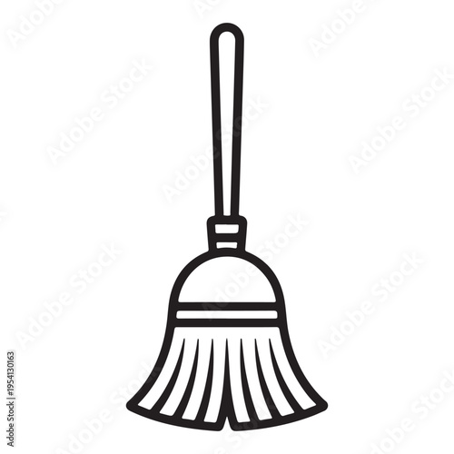 A simple line drawing depicts a traditional broom standing upright a striking silhouette