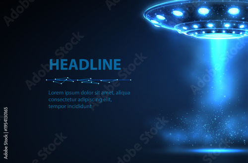 Glowing UFO hovering with beam on dark blue background. Alien spacecraft, futuristic flying object, sci fi technology, mystery transport, space exploration, digital fantasy concept. 3D illustration