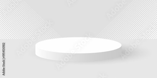 3D white silver podium background with neon lighting lines. Futuristic abstract composition minimalist design. Studio display showroom cosmetic product pedestal, Fashion stage showcase mockup scene.
