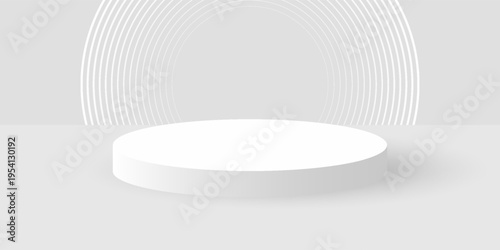 3D white silver podium background with neon lighting lines. Futuristic abstract composition minimalist design. Studio display showroom cosmetic product pedestal, Fashion stage showcase mockup scene.