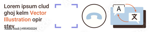 Translation services, language tools, communication, global access, multilingual solutions, remote assistance. Phone icon and text box showing language translation. Translation services