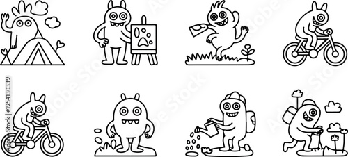 Collection of quirky monster characters engaged in diverse activities. camping, painting, running, cycling, playing
