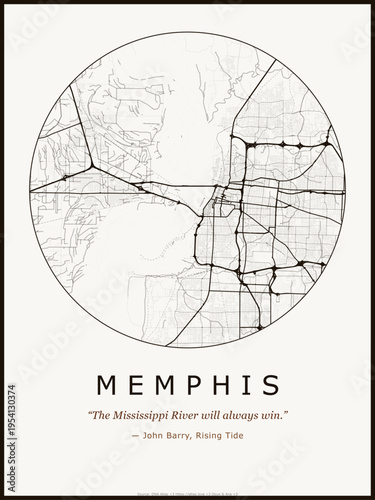 Memphis city map poster design. Street map art of Memphis United States. Black and white minimalist road network with downtown district for wall art home decor printable urban cartography. monochrome