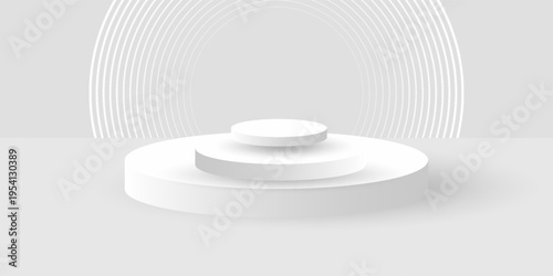 3D white silver podium background with neon lighting lines. Futuristic abstract composition minimalist design. Studio display showroom cosmetic product pedestal, Fashion stage showcase mockup scene.