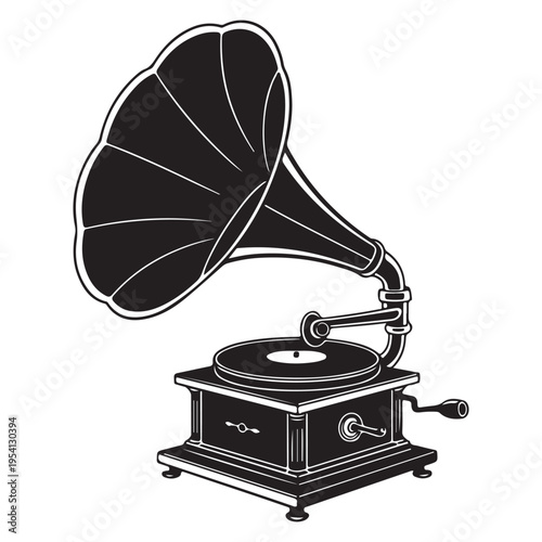 A vintage gramophone with a prominent horn and detailed base is displayed in black silhouette