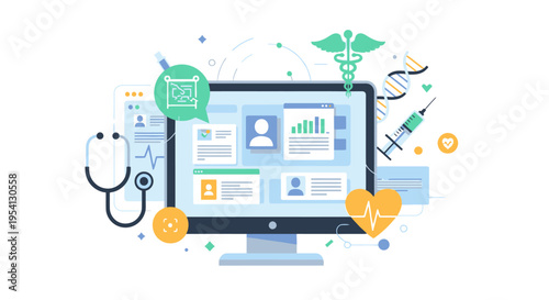 Digital Healthcare & Telemedicine Concept with Electronic Health Records (EHR) and Patient Data Management on Computer Screen