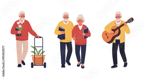 Active & Happy Elderly People: Seniors Enjoying Retirement, Hobbies, and Companionship - Reading, Music, Gardening Illustration