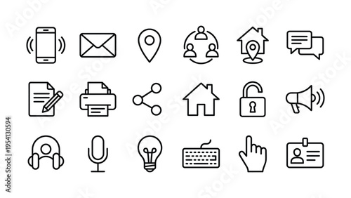 Digital communication and connectivity icons: mobile phone, email, location, network, printer, share, house, and megaphone, light bulb