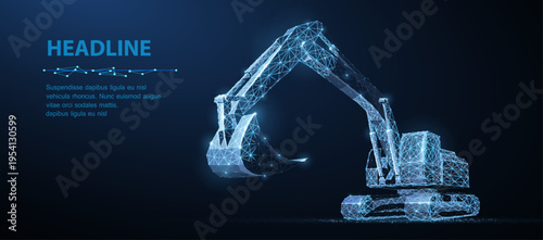Wireframe excavator on dark blue background. Construction technology, engineering machine, industrial equipment, automation system, digital industry, future work concept. 3D illustration
