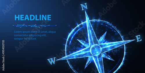 Glowing compass rose on blue background. Navigation direction, travel guidance, geographic orientation, exploration route planning, marine symbol, technology concept. Vector illustration.