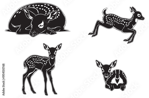 Collection of adorable baby deer or fawn in various natural poses including resting, jumping, and looking forward vector illustration
