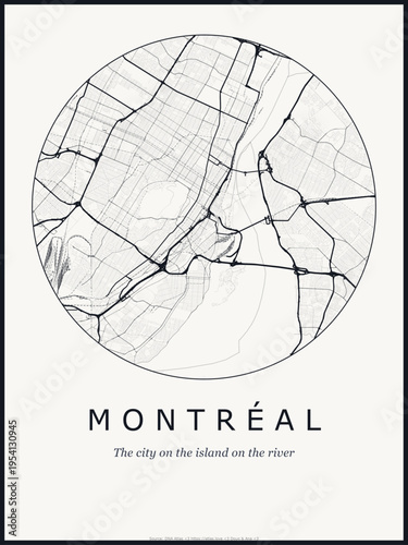 Montreal city map poster design. Street map art of Montreal Canada. Black and white minimalist road network with downtown district for wall art home decor printable urban cartography. monochrome