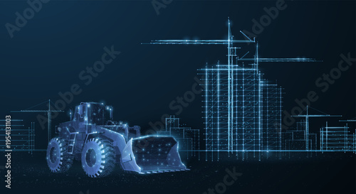 Holographic loader and building frame on blue background. Construction engineering, urban development, industrial machinery, architectural infrastructure, future project concept. Vector illustration.