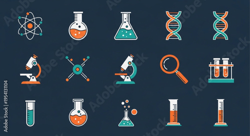 Science and Laboratory Equipment Icons - Atom, Beakers, DNA, Microscopes.