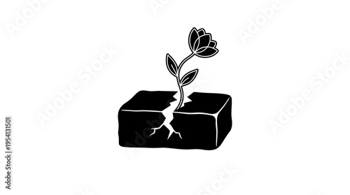 Minimalist Resilience and Hope Concept: Delicate Flower Blooming from Crack in Heavy Stone Silhouette, Black and White Vector Art