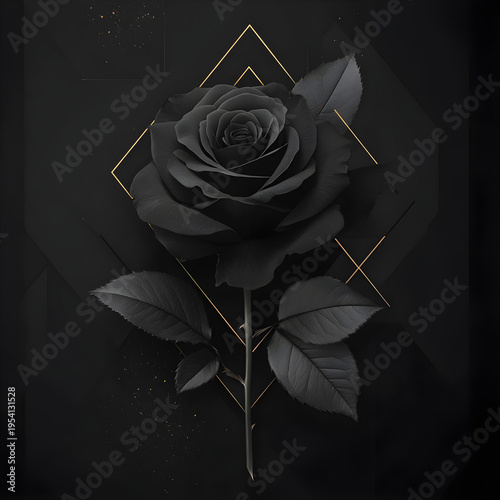 A dark, geometric background featuring black rose and leaves, creating a modern, elegant aesthetic Black Rose with Geometric Patterns, Generative AI
