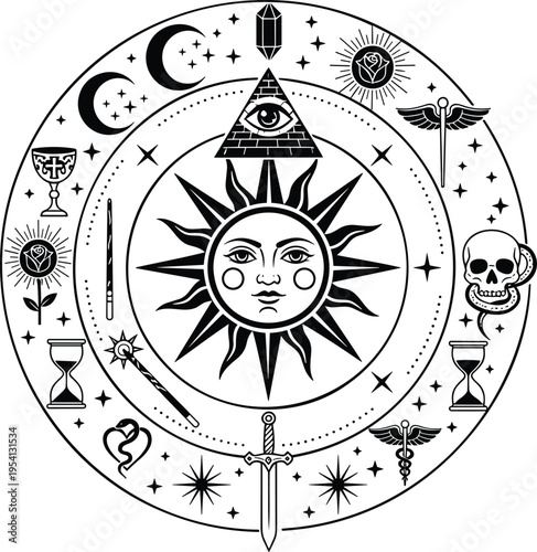 Mystical occult circle with sun face pyramid eye moon symbols and esoteric alchemy icons for spiritual design.