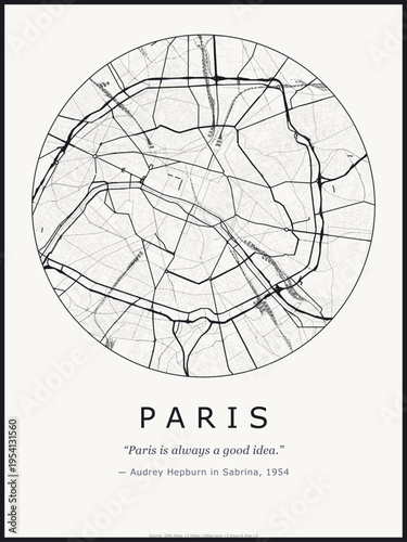 Paris city map poster design. Street map art of Paris France. Black and white minimalist road network with downtown district for wall art home decor printable urban cartography. monochrome circle