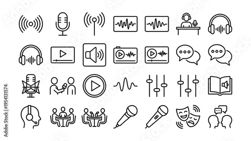 Audio and broadcasting icons: microphone, headphones, podcast, sound wave, chat, people, and music, play button