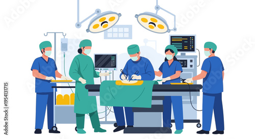 Professional Surgical Team Performing Operation in Operating Room. Healthcare doctors and nurses collaborating during a medical procedure illustration.