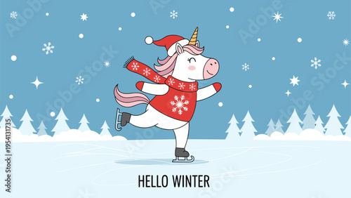 Whimsical unicorn wearing a red sweater and scarf skates gracefully on ice during a snowy winter day in the forest.