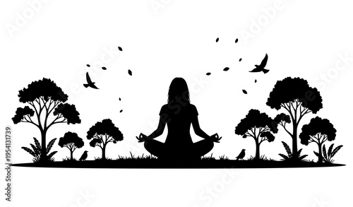 Meditating woman silhouette with trees and birds nature concept black vector illustration isolated on white