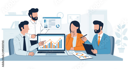 Diverse business team analyzing data on laptop in modern office with professional attire in bright corporate lighting for marketing materials