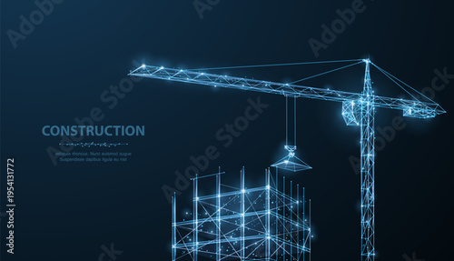 Holographic tower crane above construction building frame. Engineering development, urban infrastructure, architectural project, industrial technology, future concept. Vector illustration.