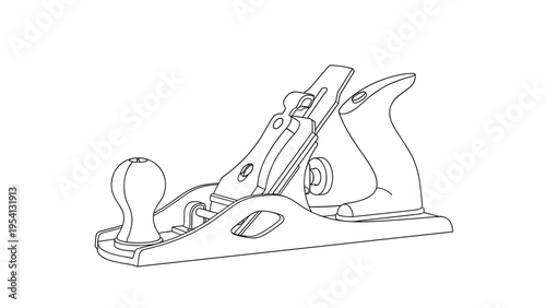 Detailed black and white outline drawing of a manual woodworking jack plane used for flattening and smoothing timber.