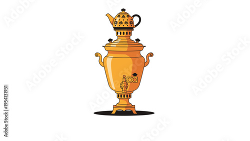 Traditional russian golden samovar with a teapot on top is a classic symbol of tea drinking culture and hospitality.