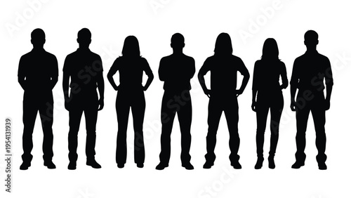 Seven human silhouettes standing in a line