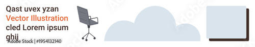 Business solutions, workplace organization, cloud computing, digital storage, office tools, visual assets. Office chair, a cloud graphic and a document illustration. Business solutions and workplace