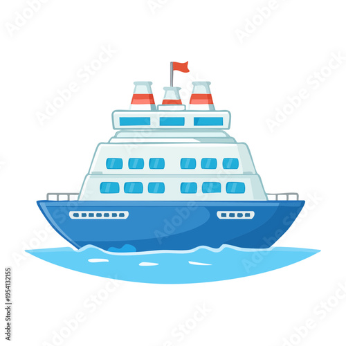 A cartoon illustration of a blue cruise ship with smoke stacks on the sea 
