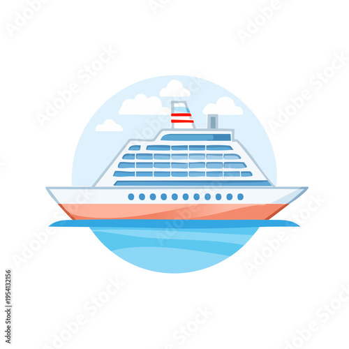 A vibrant cruise ship sailing across the blue sea, under a cloudy sky. The vessel is designed with multiple decks and a distinctive chimney