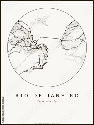 Rio de Janeiro city map poster design. Street map art of Rio de Janeiro Brazil. Black and white minimalist road network with downtown district for wall art home decor printable urban cartography.