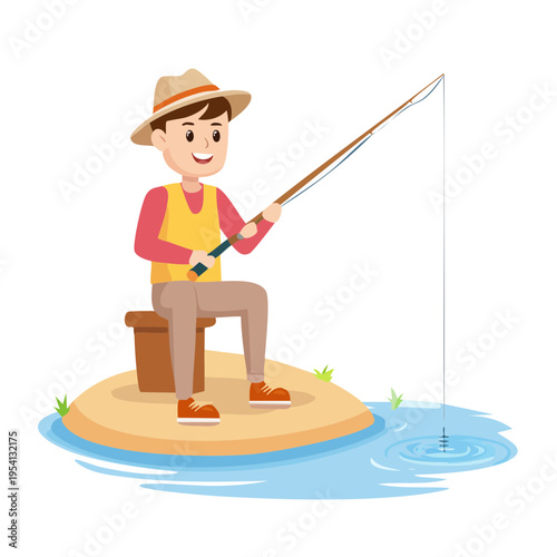 A cartoon illustration of a cheerful person fishing. The person is sitting on a small island while holding a fishing rod and reel, and the fishing line is in the water