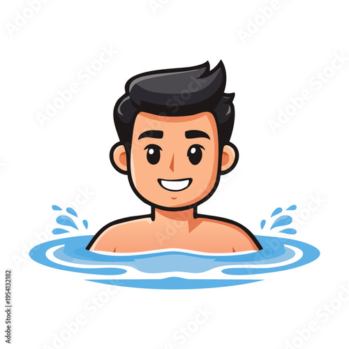 A cartoon illustration of a man swimming in blue water, smiling, and enjoying himself.
