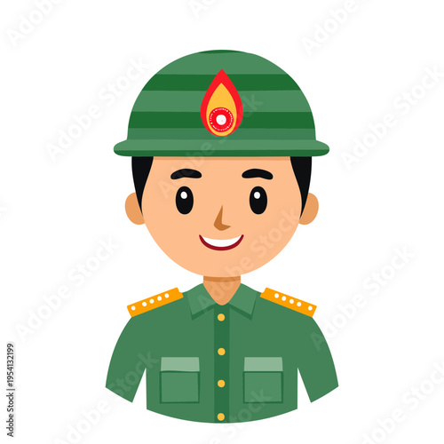 A cartoon illustration of a smiling soldier in uniform