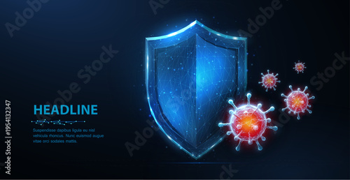 Glowing shield blocking virus particles on blue background. Cyber security, antivirus protection, healthcare defense, data safety, immune system, technology concept. Vector illustration.