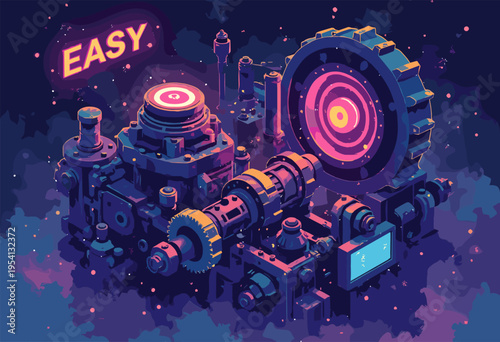 3D isometric view massive, complicated steampunk machine thousands gears, being bypassed single, sleek, glowing neon EASY button SaaS solution concept No text