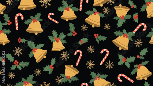 Classic Christmas seamless pattern with golden bells holly berries candy canes and snowflakes on a dark background.