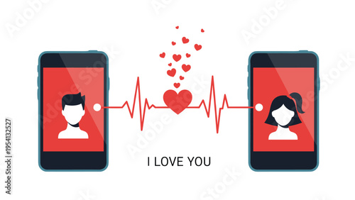 Two smartphones showing male and female avatars connected by a heart rhythm line and floating hearts for digital romance.