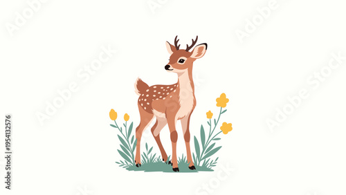 Sweet baby deer standing in a field of grass and yellow flowers for nursery decoration and nature themed kids art.